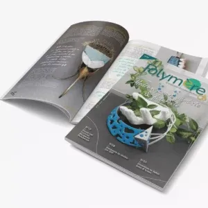 Magazine Polymère & Co N°37 ouvert sur l'interview d'artiste et magazine Polymère & Co N°37 moderne futuriste avant gardiste fermé par dessus