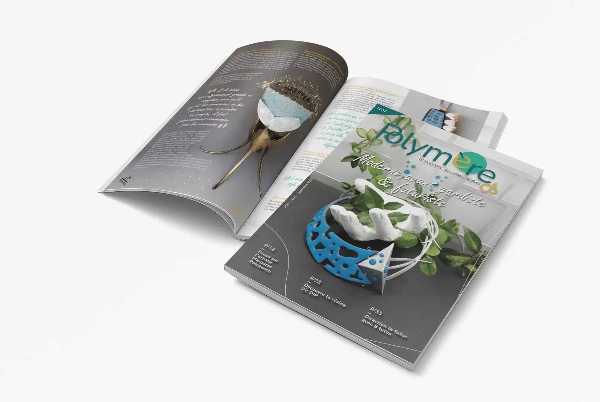 Magazine Polymère & Co N°37 ouvert sur l'interview d'artiste et magazine Polymère & Co N°37 moderne futuriste avant gardiste fermé par dessus