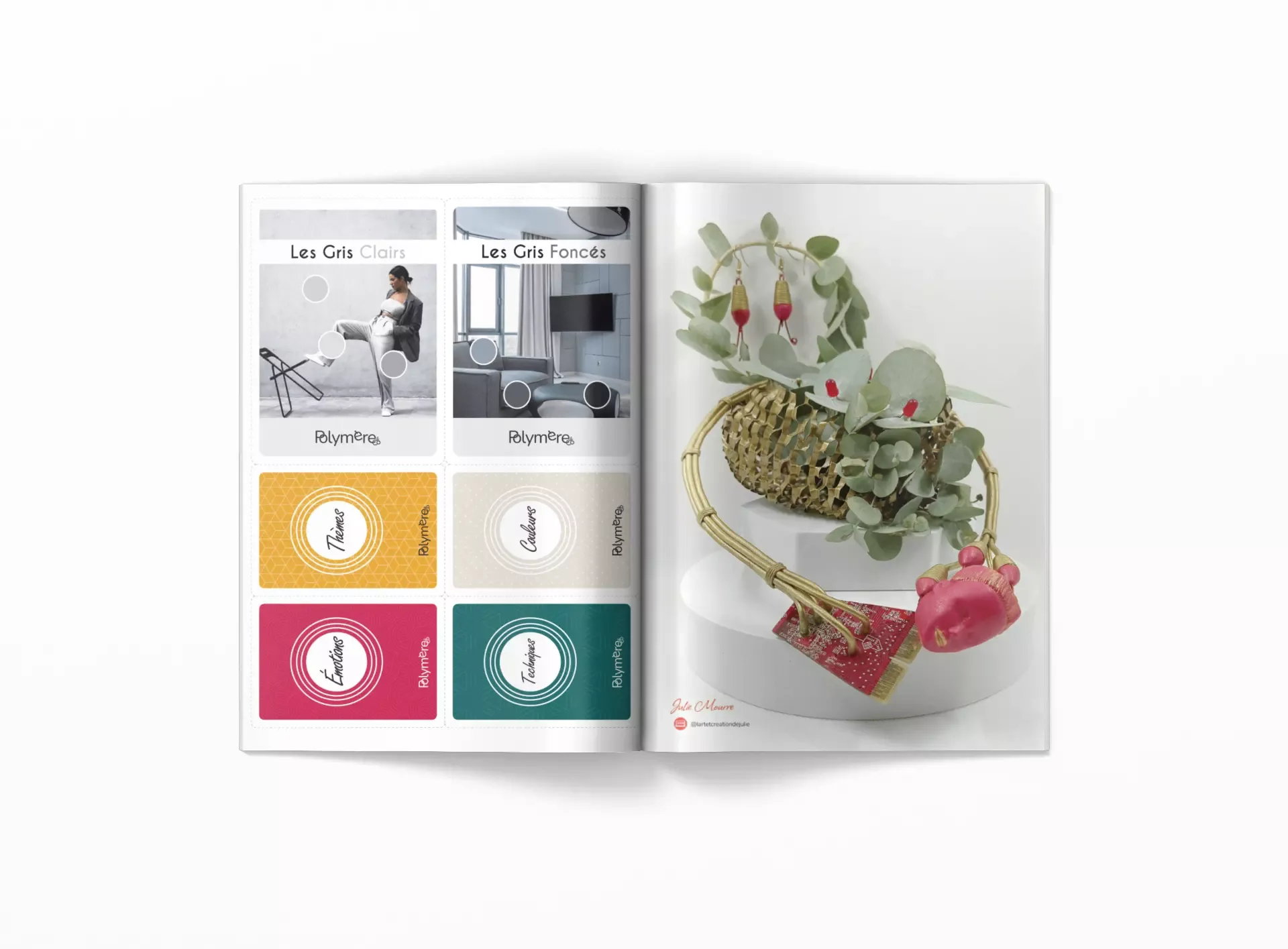 Magazine Polymère & Co N°37 moderne futuriste avant gardiste ouvert montrant les Poly'mémos et un collier moderne futuriste de Jullie Mourre