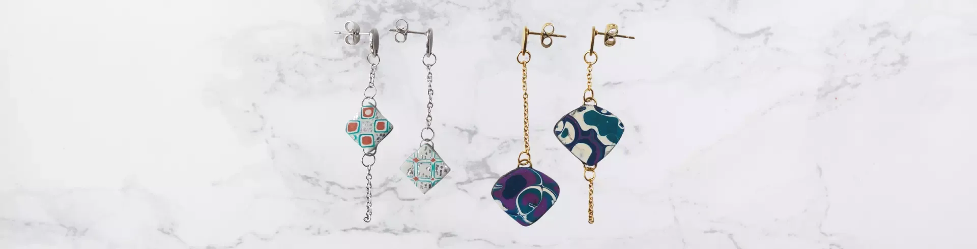 Bannière cours mokume gane Com'une Alchimie boucles d'oreille asymétrique pendentifs pois rayures chevrons bombés issus du cours de Com'une Alchimie